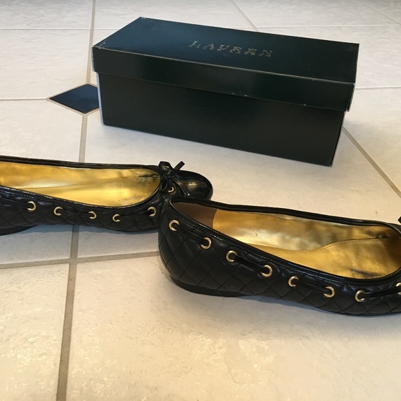 Ralph Lauren quilted black/gold flats Sz 6 - Picture 2 of 5
